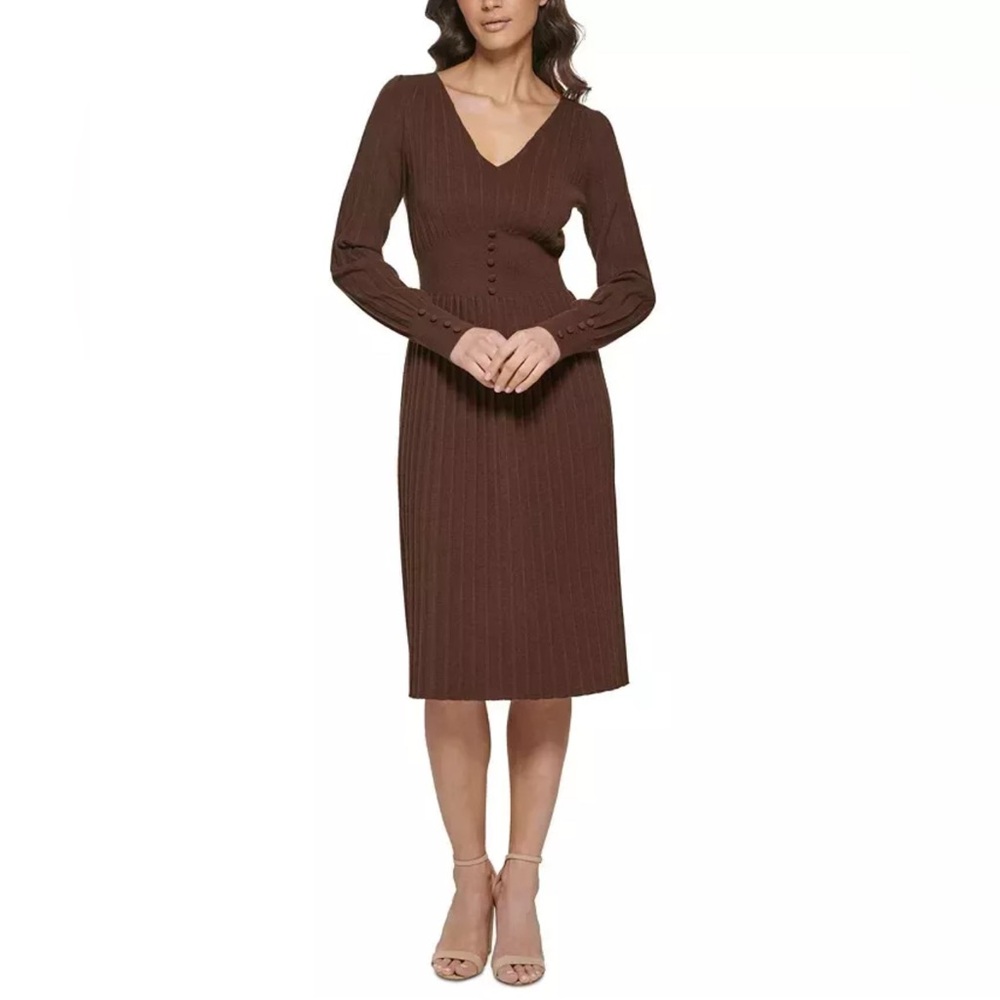 Kensie Women’s Long Sleeve Midi Sweater Dress In Chocolate Size XXL